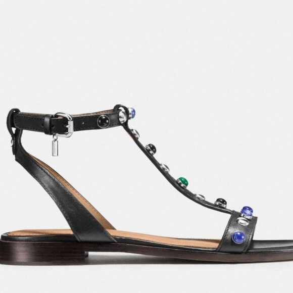 Coach Sadie Semi Matte Calf T-Strap Sandal | Black Leather Upper | NIB - Picture 2 of 8